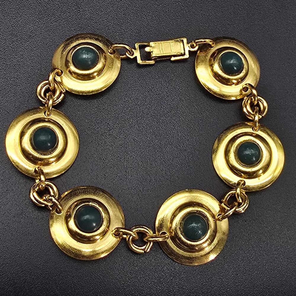 Dark Green Gold Tone Medallion Bracelet Etruscan Revival Vintage NOS 1970s